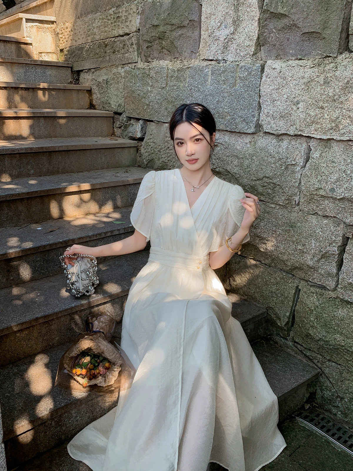 

Ele White V-ne Slim Fit ort Sve Dr Женское летнее новое стильное длинное платье French Sle Pure Color Юбка трапециевидной формы