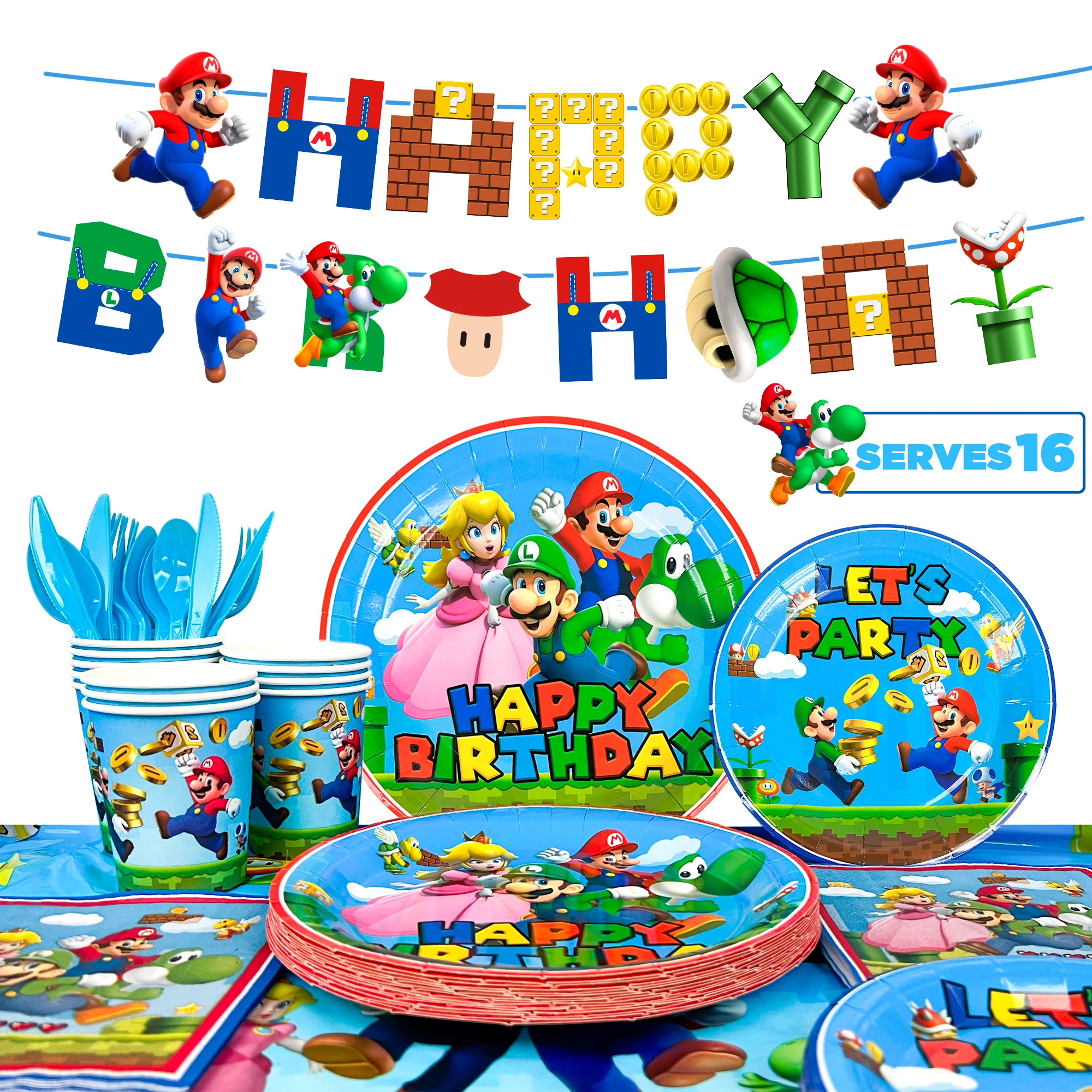 

Cartoon Birthday Party Supplies-128pcs Tableware Party Supplies Includes Party Plates and Napkins Cups Tablecloth&Banner