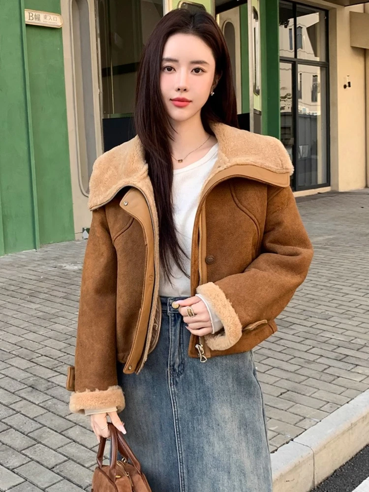 High-end Luxury Merino Sheep Fur Winter Suede Coats for Women Vintage Simple Short Real Fur Genuine Leather Motorcycle Jackets