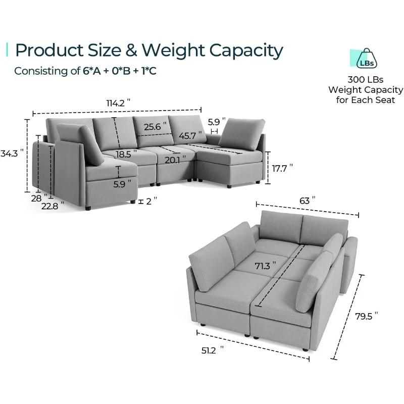 Modular Sectional Sofa, Convertible U Shaped Sofa Couch with Storage, Memory Foam, Modular Sectionals with Ottomans,