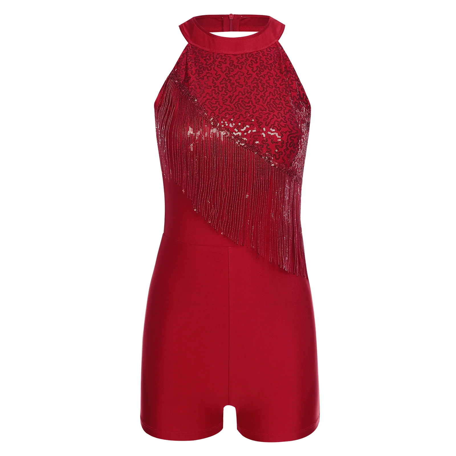 재즈 라틴 곡예 댄스 프린지 점프 슈트를위한 여성용 슬림 피트 바디 슈트 Chacha Rumba Gymnastics Spanish Dance Costume