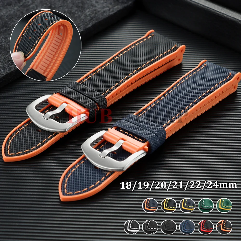 18/19/20/21/22/24mm New Nylon Sailcloth Rubber Hybrid Watch Strap Men Women Silicone Waterproof Watch Band Orange Blue Bracelets