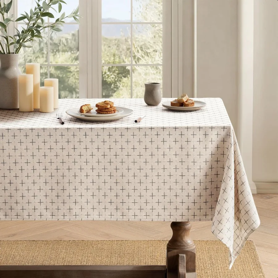 

Natural Beige Linen Table Cloth Rec Tablecloth Waterproof Spillproof CrossStar Textured Table Cloth Decorative Rustic Farmhouse
