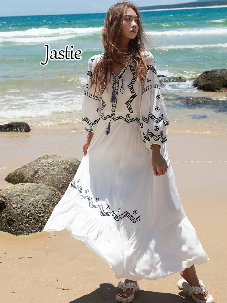 

Jastie 2024 Spring And Summer Ethnic White Embroidered Dresses Women V-Neck Lantern Sleeves Luxury Design Loose Beach Long Dress