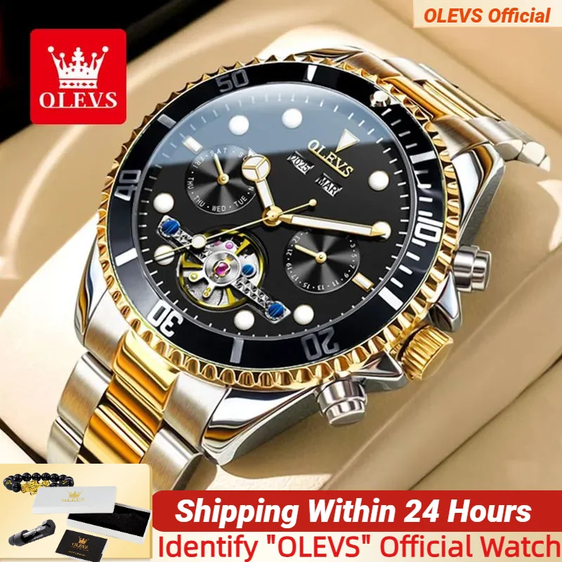 

OLEVS Original Automatic Watch for Men Date Week Skeleton Hollow out Stainless Steel Waterproof Sports Men Wristwatch TOP Brand