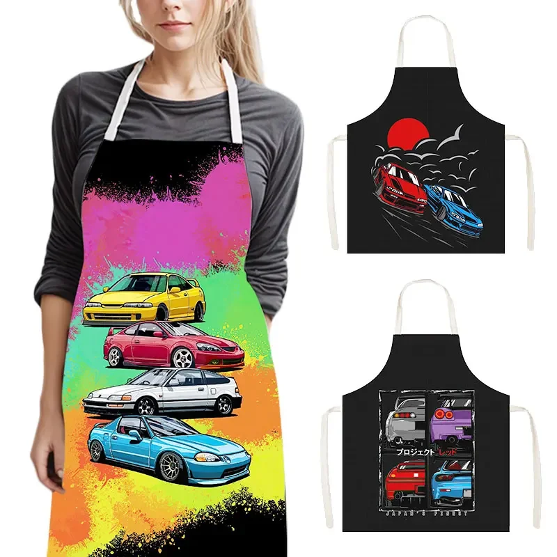 Delantales de cocina con estampado de coche de carreras JDM para hombres y mujeres, ropa de limpieza para el hogar, hornear, Chef, camarero, delantal de cocina, motor Turbo, Japón