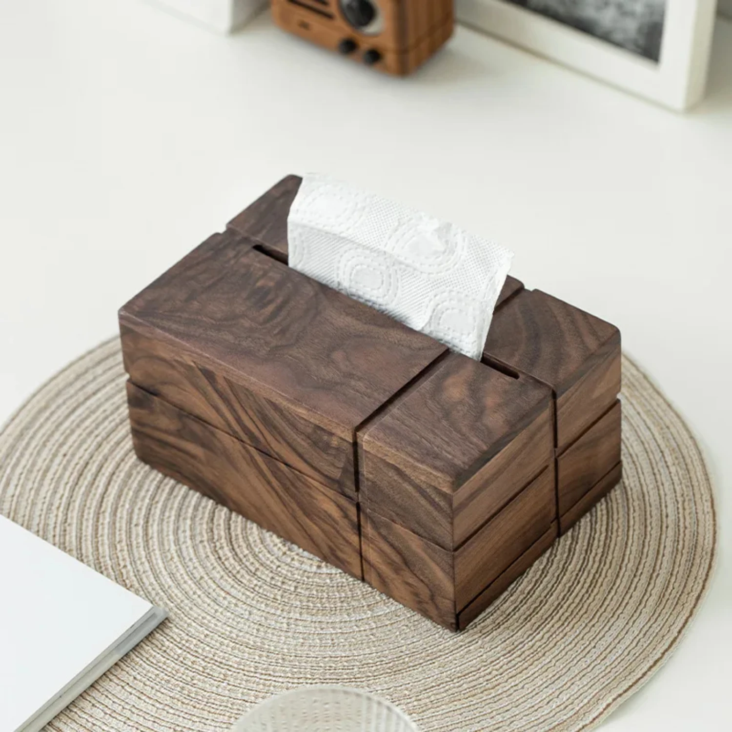 

Creative Nordic Black Walnut Solid Wood Tissue Box with Japanese Style Multifunctional Design for Living Room Storage