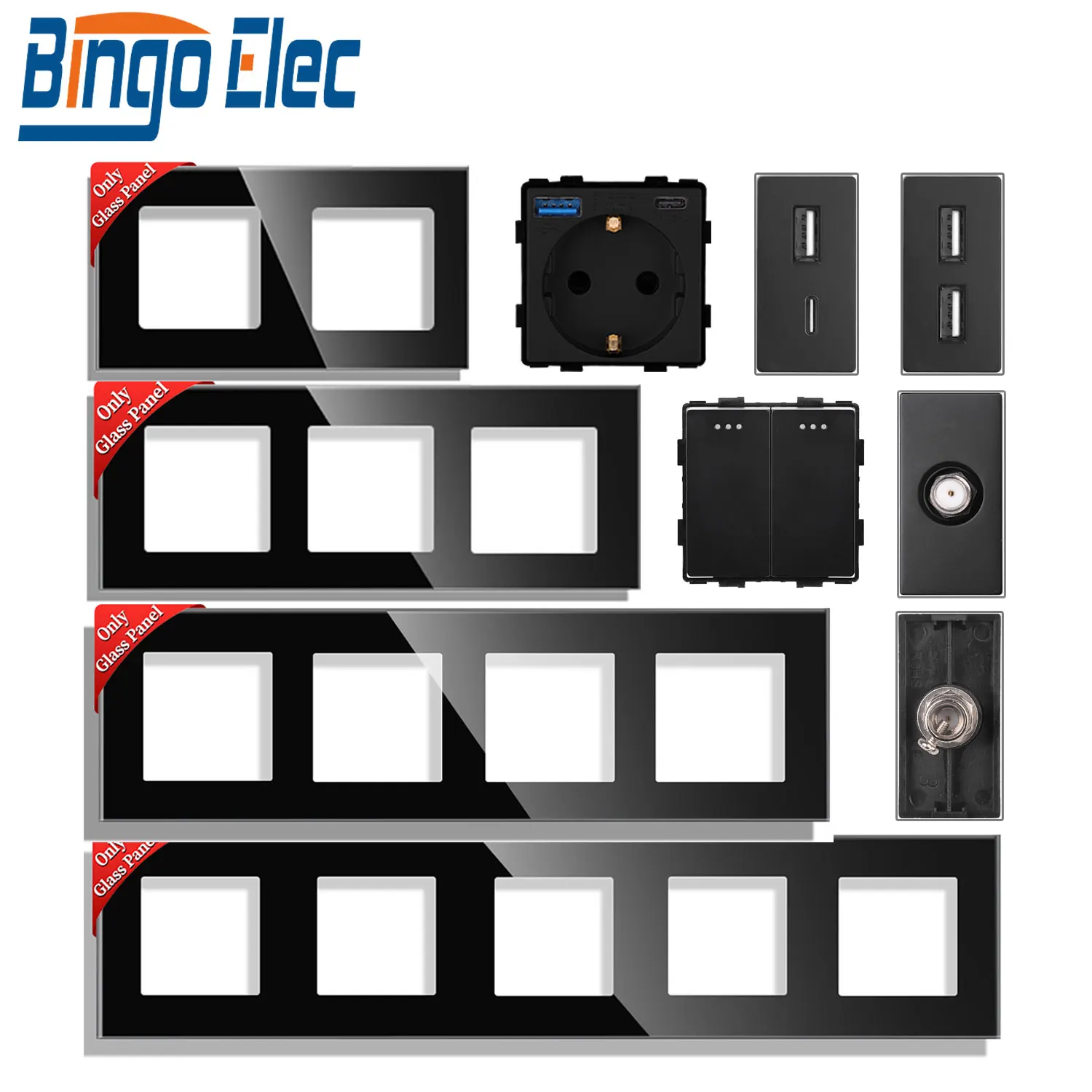 BINGOELCE 1/2/3 Gang Mechanical Switch With Glass Frame EU Socket Type-C/USB/ST/CAT5/HDMI Multi-Port Function Parts Wall Panel