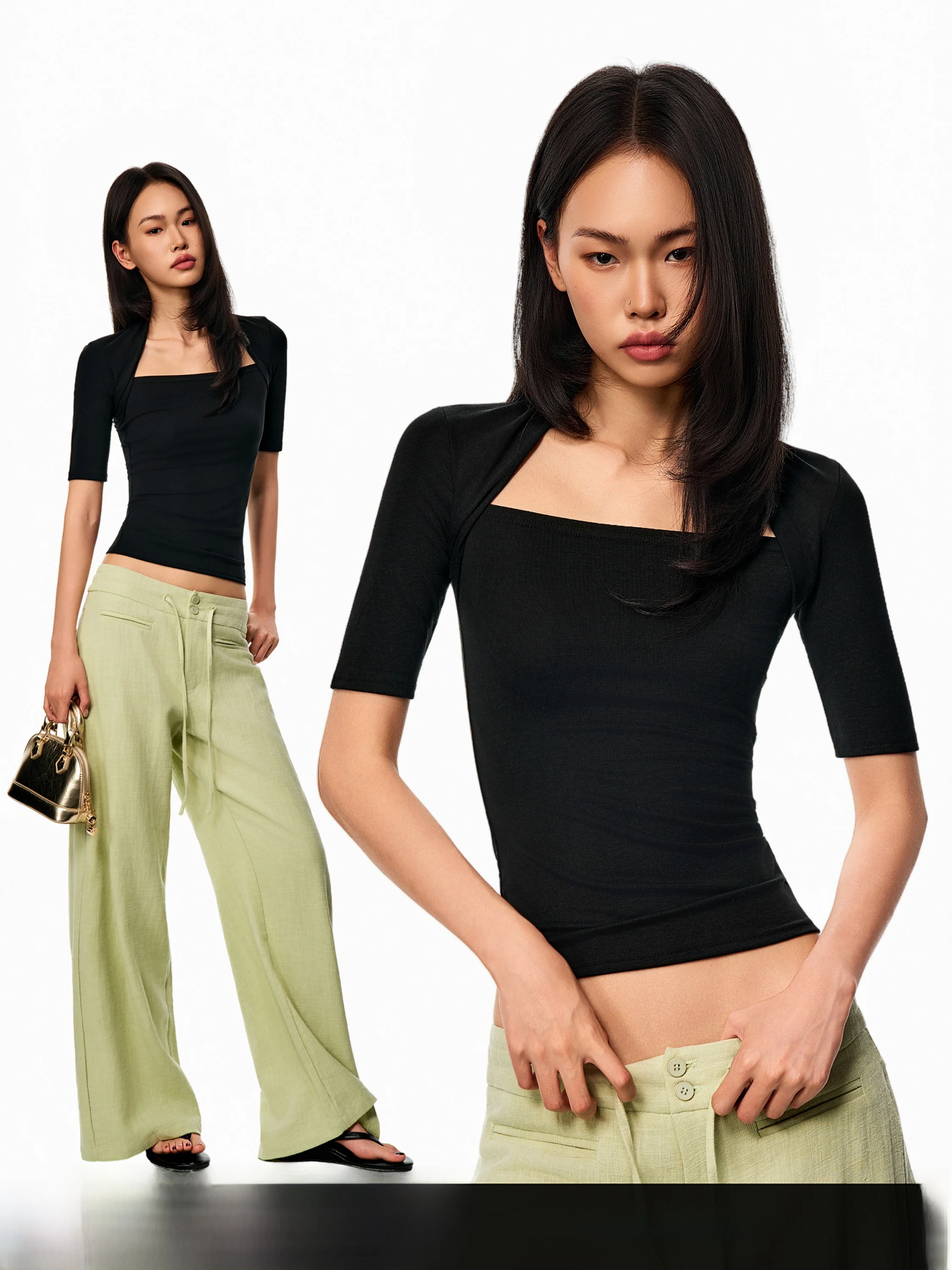 Slim Fit round Neck mid Sleeve T-Shirt Women's Summer New Waist Cinching Slimming Black Top GO GO BURN Casual Style Short Sleeve