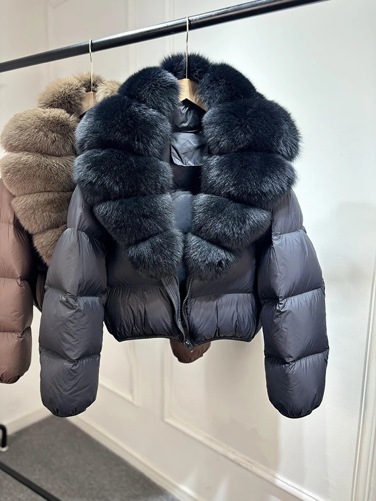 Janveny 2025 New Puffer Jacket Women With Large Natural Fox Fur Collar Short Fluffy Thick Parkas Female 90% White Duck Down Coat