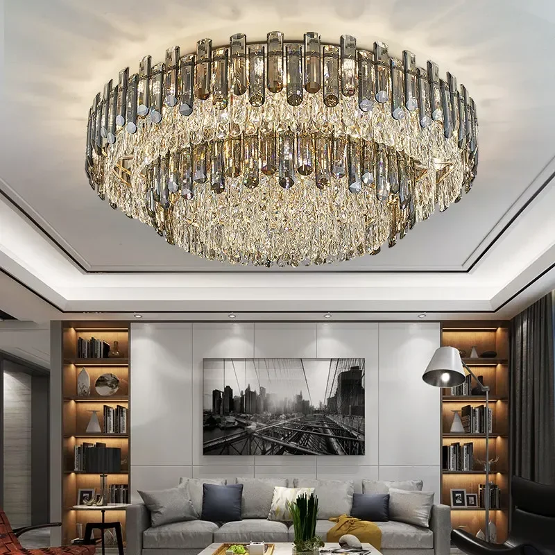 Grey crystal ceiling chandelier for living room modern home decor cristal lamp luxury large led dimmable lamp lustre