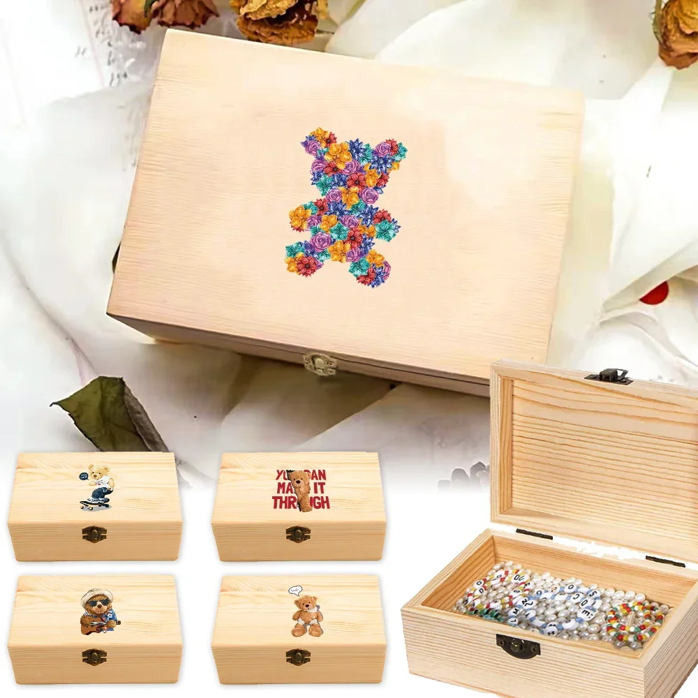 Rectangular Wooden Storage Box Retro Wooden Storage Box Desktop Wooden Storage Organizer Flip Cover Bear Pattern