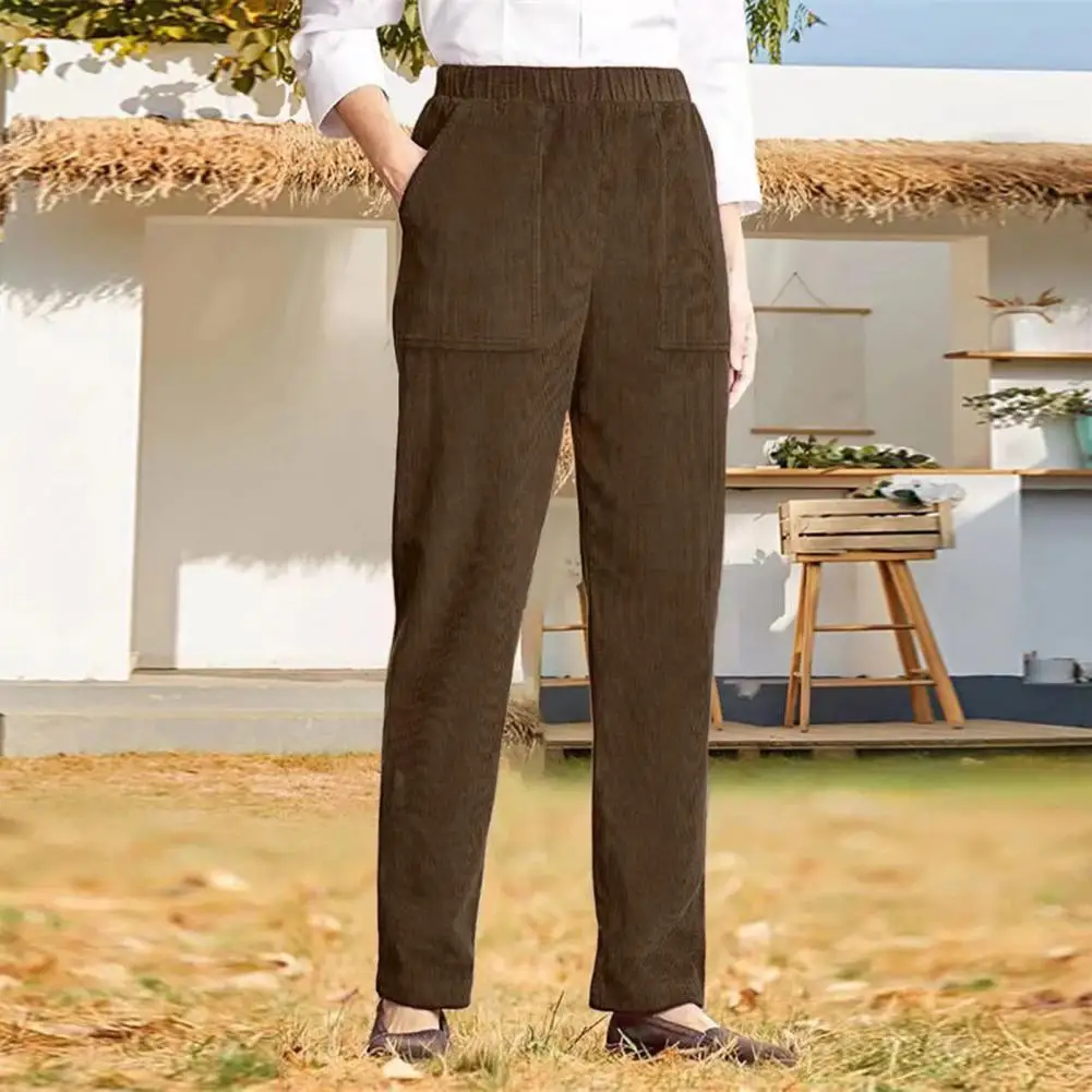 Women Wide-leg Pants Women's Corduroy Casual Pants with Elastic Waist Pockets for Office or Travel Solid Color Straight Leg