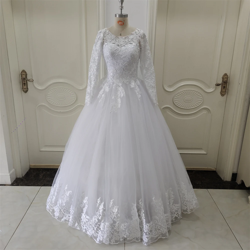 

ZJ9155 Customized Ball Gown Wedding Dresses Long Sleeve Lace Applique Turkey Vestidos de Noiva Vintage Wedding Bridal Gowns 2025