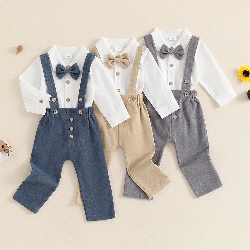 

Autumn Toddler Kids Baby Boys Clothing Sets Solid Bowtie Button Long Sleeve Button Bodysuits+Corduroy Suspender Pants Outfits