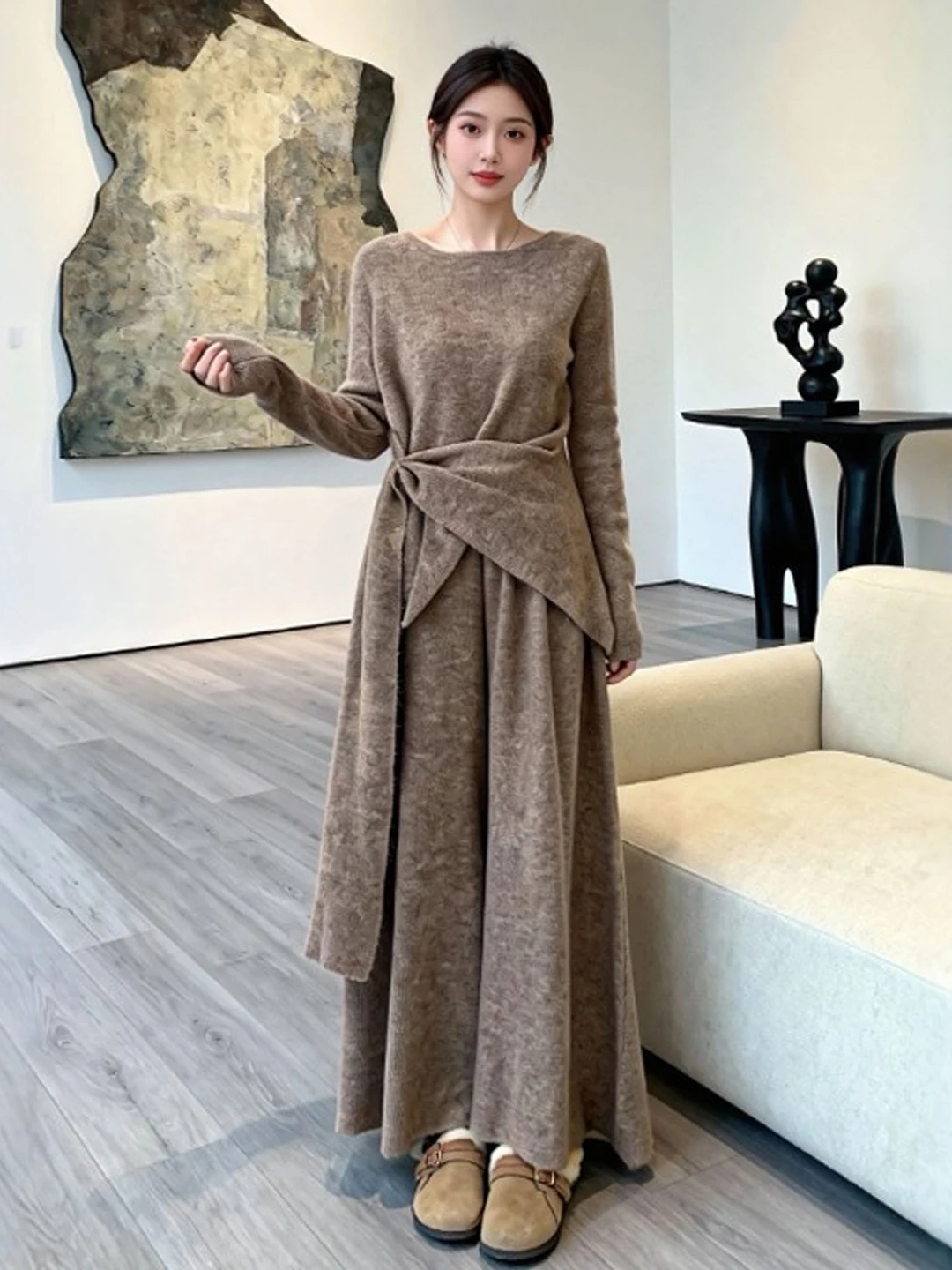 

Комплект из вязаного свитера в стиле ретро и повседневных брюк: нежный, элегантный, весенний, модный, из двух предметов, женский, удобный, из смесового хлопка