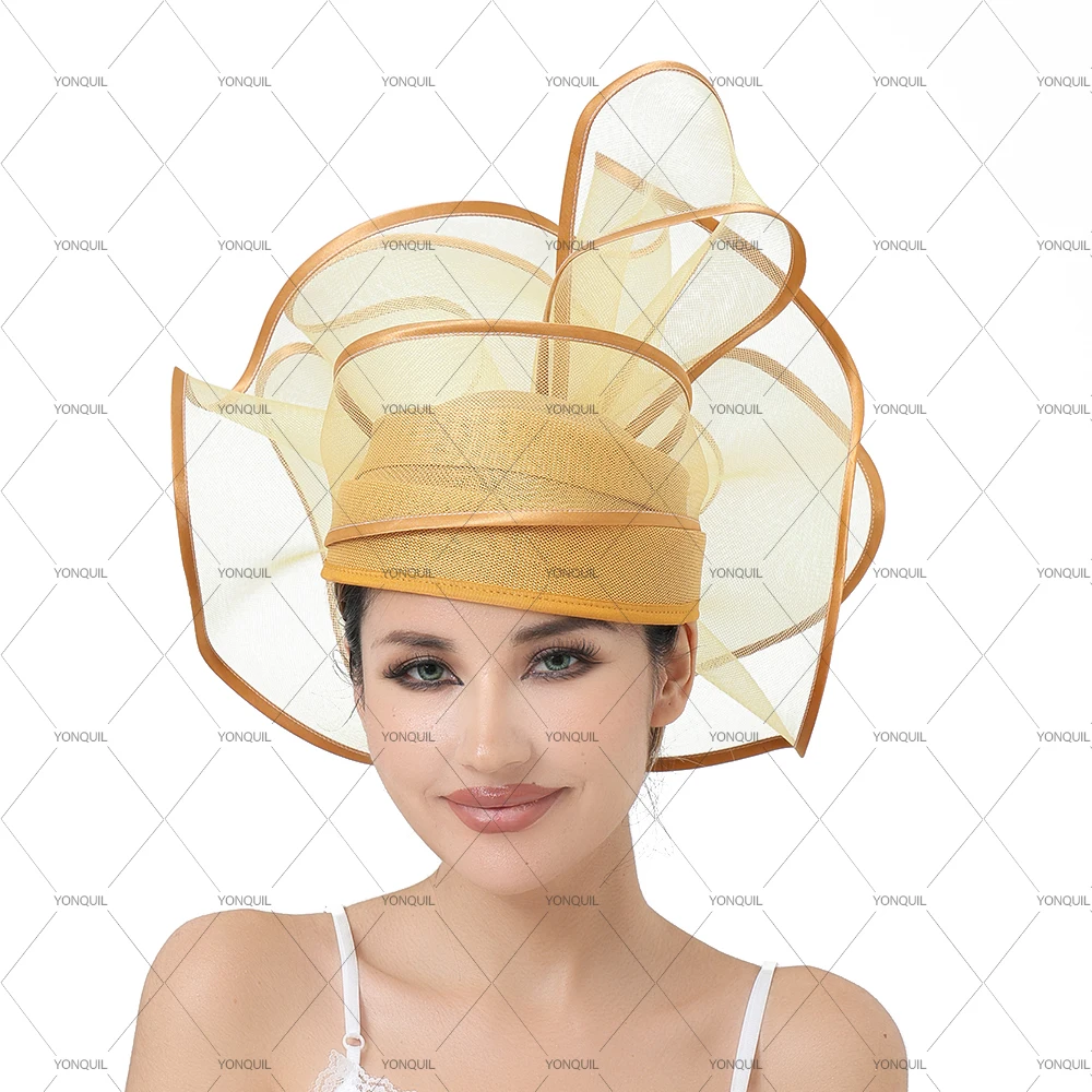 Women Beige Large Flower Fascinator Kentucky Derby Hat Sinamay Church Hat For Wedding Headwear Headband Hat Cocktail Tea Party