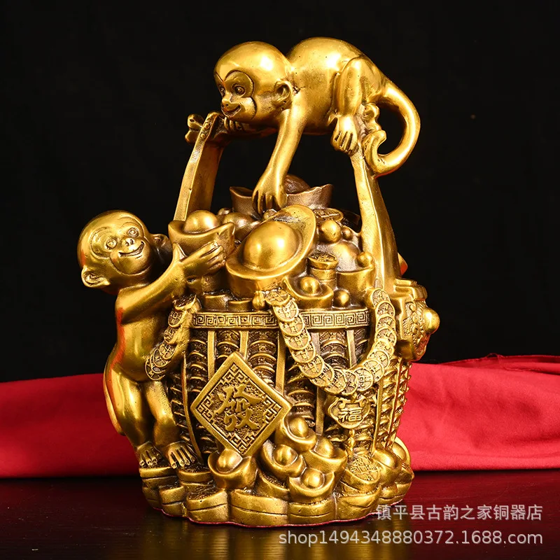 Pure Brass Ruyi Yuanbao Zodiac Ornament Copperware Bucket of Gold Monkey Figurine Craft