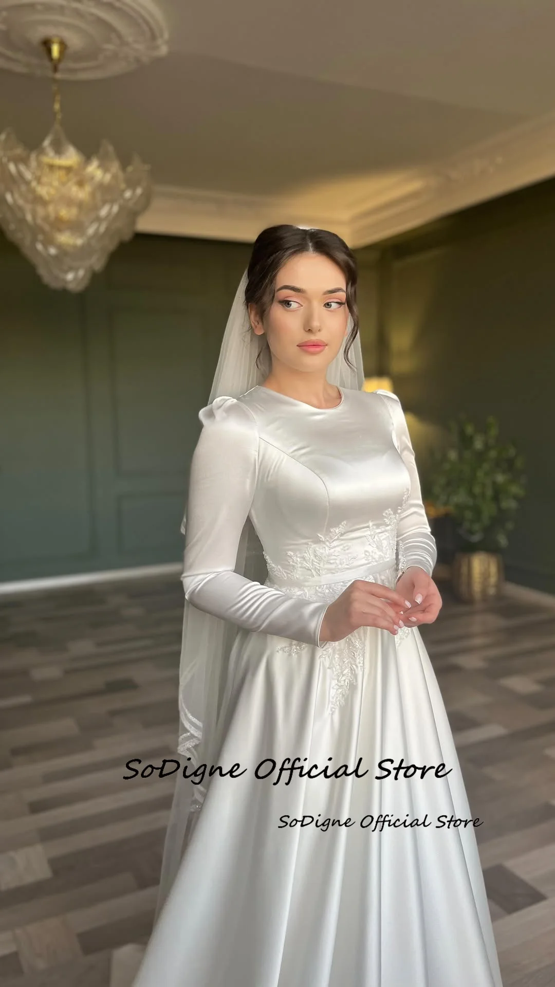 SoDigne A-lijn Satijn Bescheiden Bruid Jurken O-hals Volledige Mouwen Applicaties Trouwjurk Bruidsjurken vestidos de novia Aangepaste