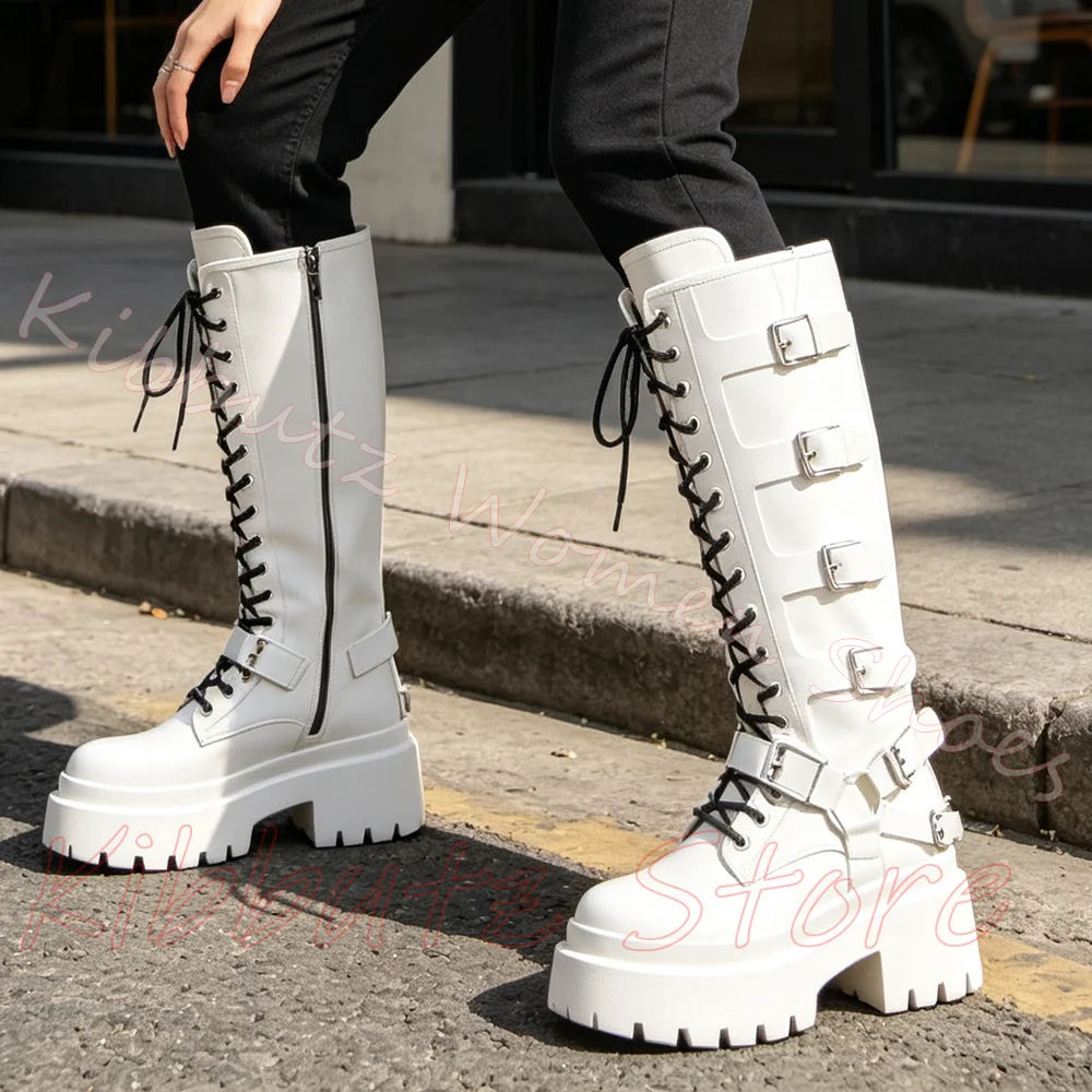 Knee High Combat Boot Multi Buckle Leather Women Lug Sole Side Lace Up Punk Goth Motorcycle Footwear Fashion Elegant Concise New