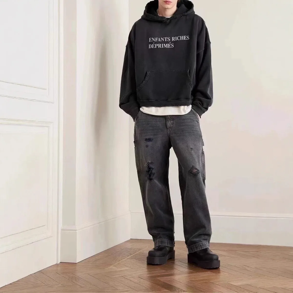 

Джинсы из денима с эффектом потертости, в полоску, в стиле рабочей одежды, широкие брюки для молодых мужчин, прямой крой, винтажный стиль, модные