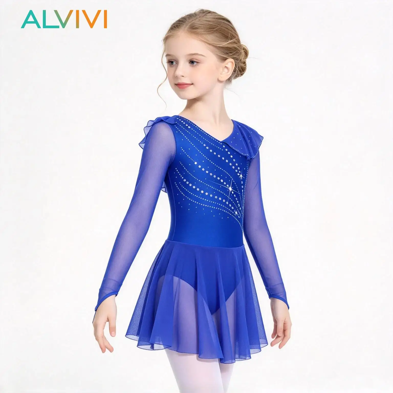 Kids Girls Sparkle Rhinestone Figure Skating Ballet Dance Dress Long Mesh Sleeve Ruffle Gymnastics Competition Leotard Costume