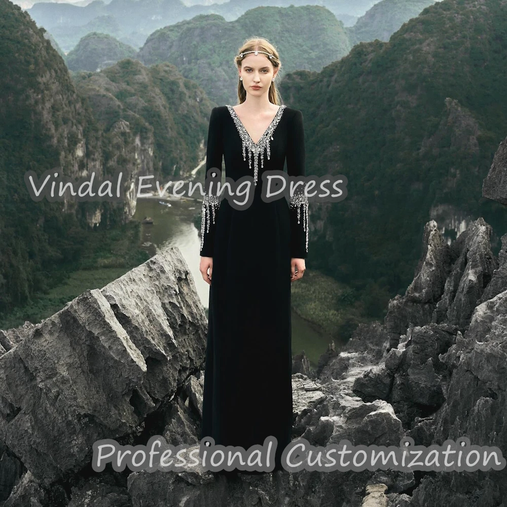 

Vindal Prom Vintage Dress V-Neck Floor Length Beaded luxurious Crepe Straight Elegant Party Long Sleeves Saudi Arabia For 2024