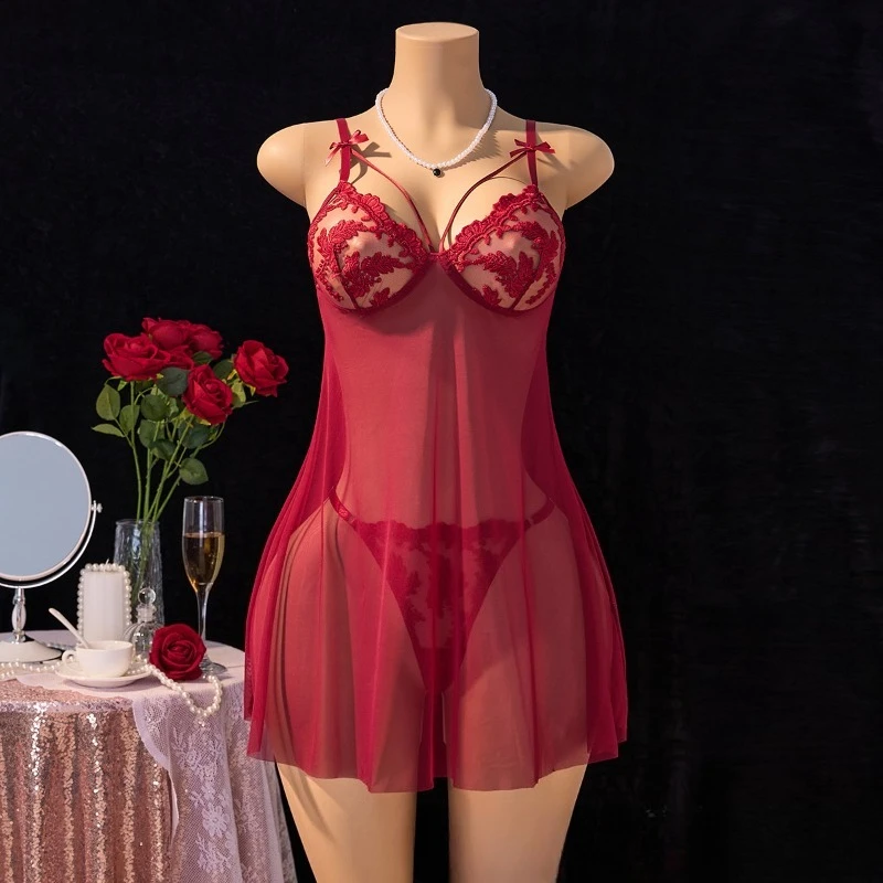 European and American sexy nightgown ultra-thin see through suspender, popular breathable pajama for women
