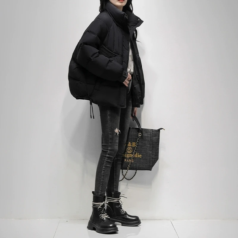 レディース ショート丈 ホワイト ダックダウンジャケット 2026年冬新作 韓国風 ルーズ スタンドカラー 厚手 ダウンコート レディース カジュアルトップス