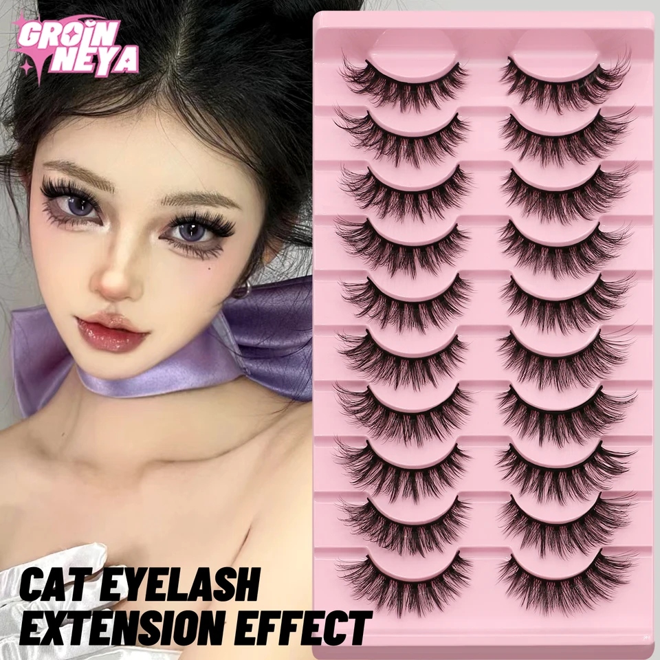 10 pares de pestañas postizas naturales y esponjosas, wispy, tiras de volumen 3D, curva D, para maquillaje 3