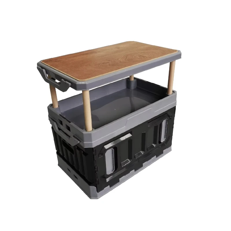 

Black foldable plastic camping table with multi-function storage box and wooden cover for kitchen and outdoor use
