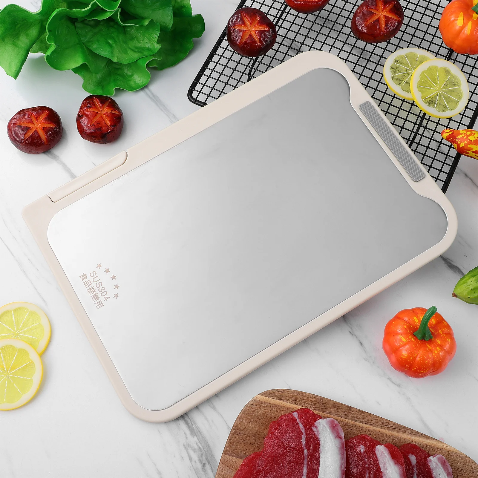 

Stainless Steel Cutting Board Double Sided Non Slip Chopping Board For Kitchen Fruit Prep Compact Portable Bbq Household