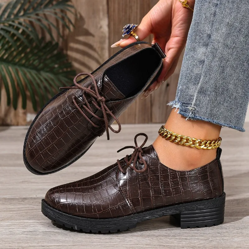 Pointed Toe Leather Shoes Embossed Formal Lace-up Trendy Women's Flat Heels