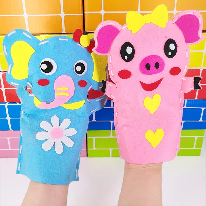 Kids Cartoon DIY Hand Puppet Craft Toys Kindergarten Educational Non-Woven Handmade Paste Material Sewing Kit Children Xmas Gift