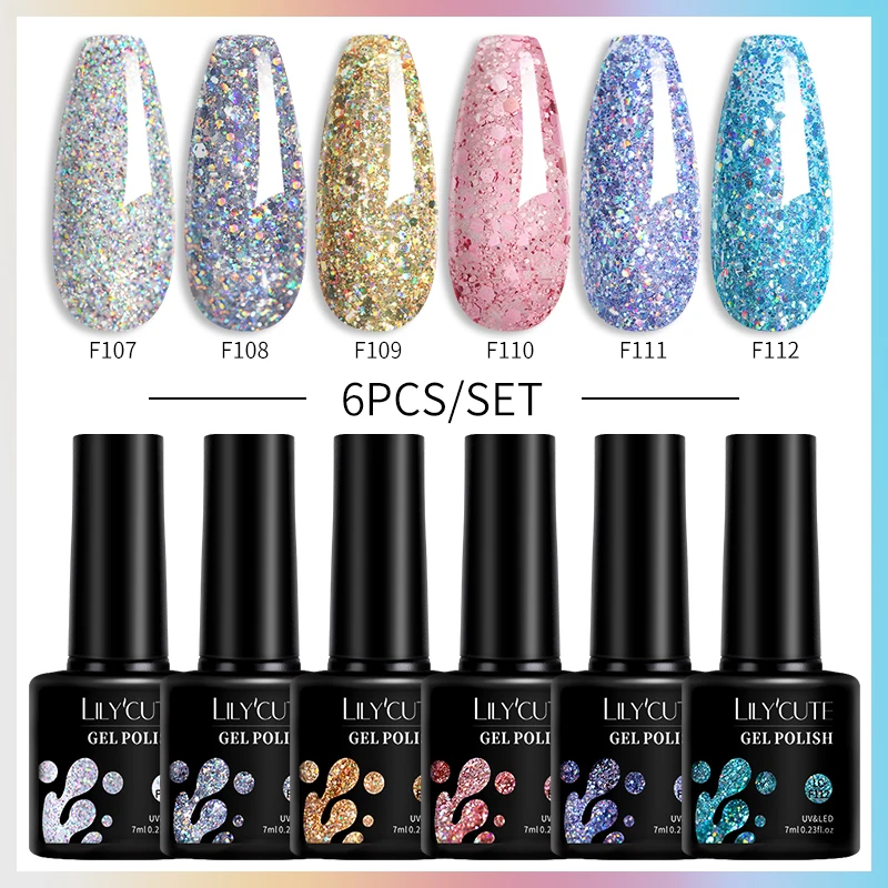 LILYCUTE 6Pcs/Set Glitter Gel Nail Polish Set Kit 6 Colors Semi Permanent UV LED Nail Art Gel Base Top Coat