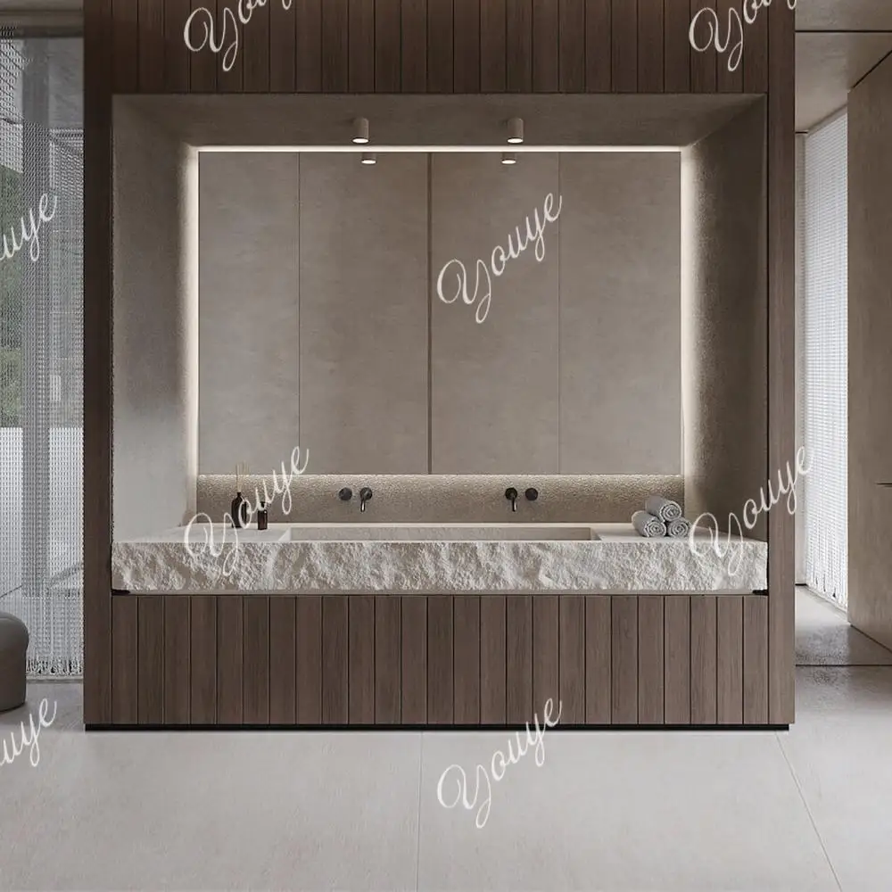 

Vintage Travertine Double Sink Console Textured Undermount Basin with Concealed Drain, Mid-Century Cultured Stone Vanity