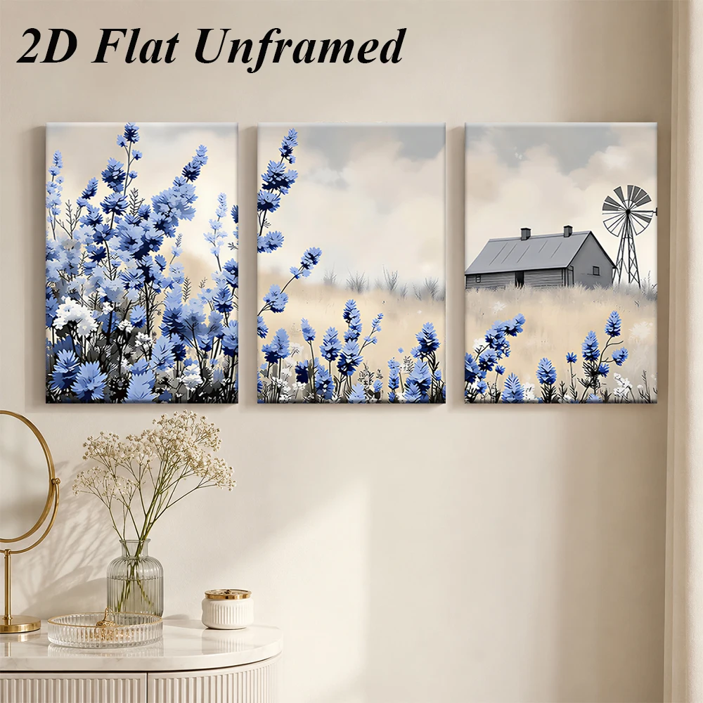 (3PCS Unframe)1 set of modern minimalist style triptych frameless decorative paintings, pastoral style, blue flower cottage, win