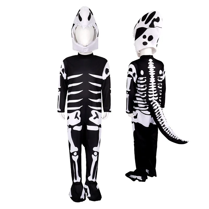 

2025 Boy Fossil Halloween Costume Black Girl Dinosaur Skeleton Printed Jumpsuit Mask Boys Glow in The Dark Dino Costume