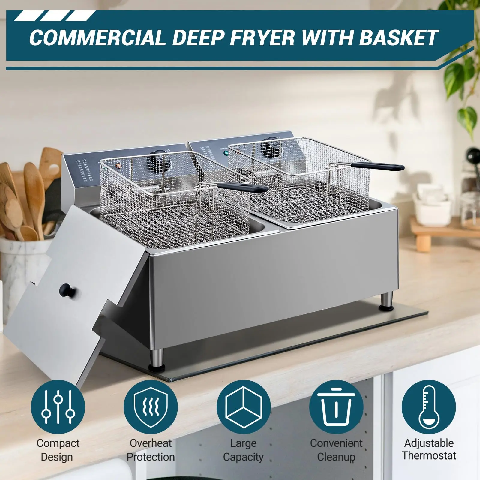 11.6/23.2 Q.T مقلاة عميقة تجارية 1700/3400 واط مقلاة كهربائية من الفولاذ المقاوم للصدأ مع غطاء سلة للتحكم في درجة الحرارة