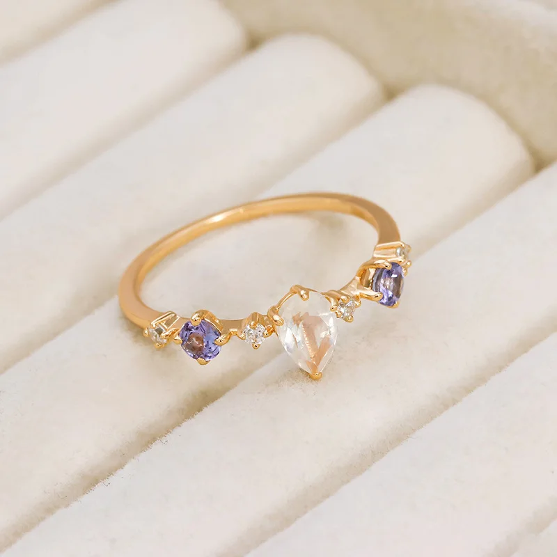 LAMOON Natural Moonstone Ring For Women Tanzanite Gemstone Ring 925 Sterling Silver Gold Vermeil Fine Jewelry Wedding Engagement