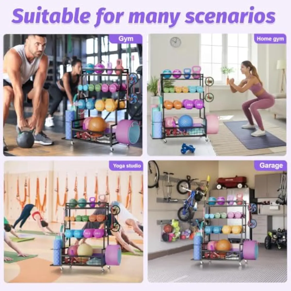 Mobile Fitness Equipment Storage Rack with Locking Casters 490 Lbs Capacity 4-Tier Metal Frame for Dumbbells Kettlebells Plates