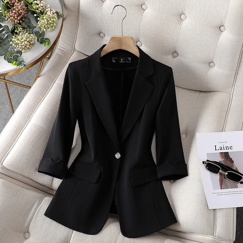 Green Thin Suit Jacket For Women Summer Coat 2025 New Quarter Sleeved Casual Korean Lady Business Office Blazers Coat Outerwear