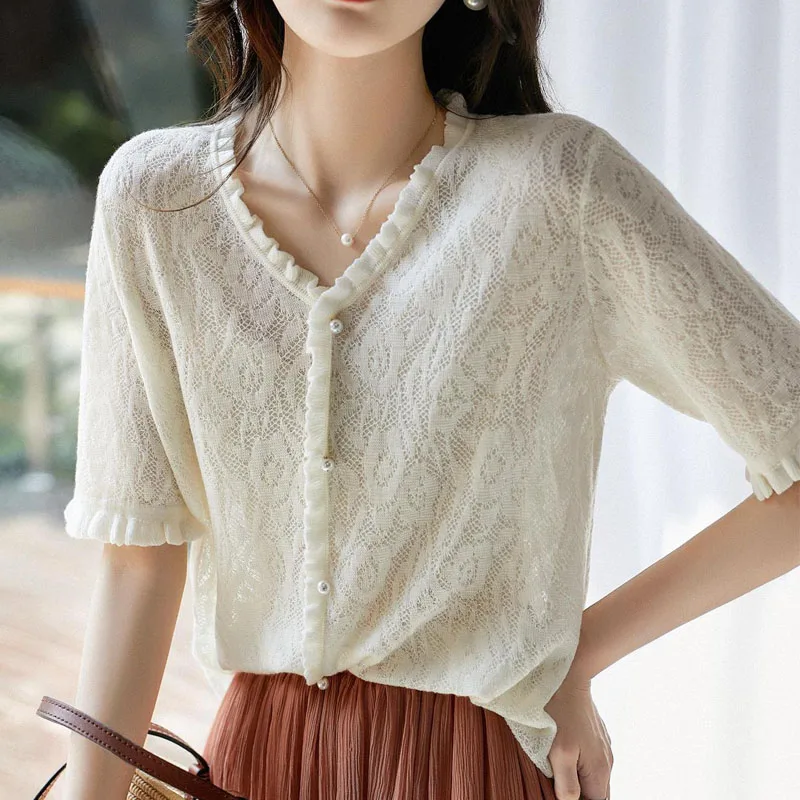 스웨터 니트 스웨터 여성 풀오버 패션 V넥 홀로우 니트 스웨터 풀오버 여성 탑 반팔 니트웨어 Q2790