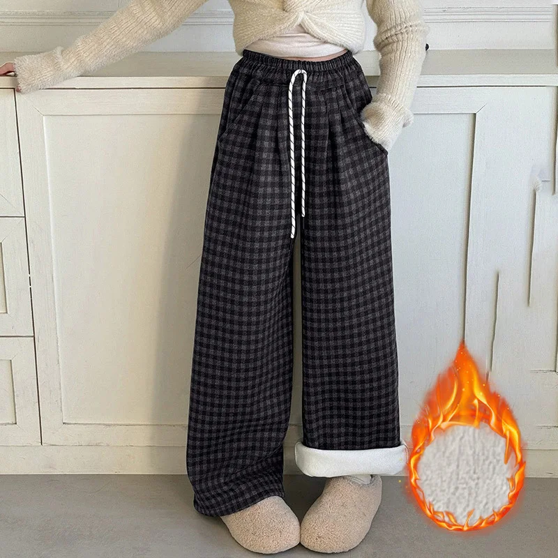 Girls Autumn Winter Thickened Warm Wide Leg Pants 5-14 Years Kids Grid Casual Straight Trousers Comfortable Sweatpants