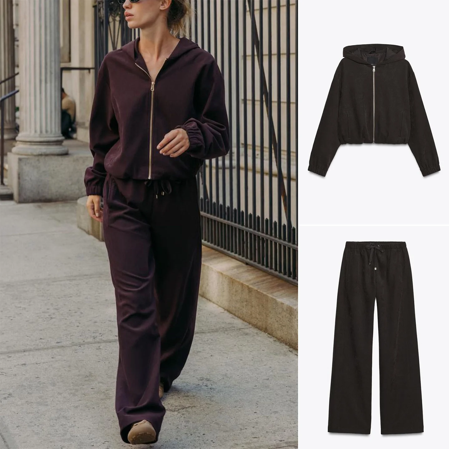 معطف Jaet فضفاض للطيار مع سحاب وغطاء محرك السيارة كاجوال بنطال ذو قصة أرجل واسعة وحزام للخريف طقم سراويل طويلة للنساء #1