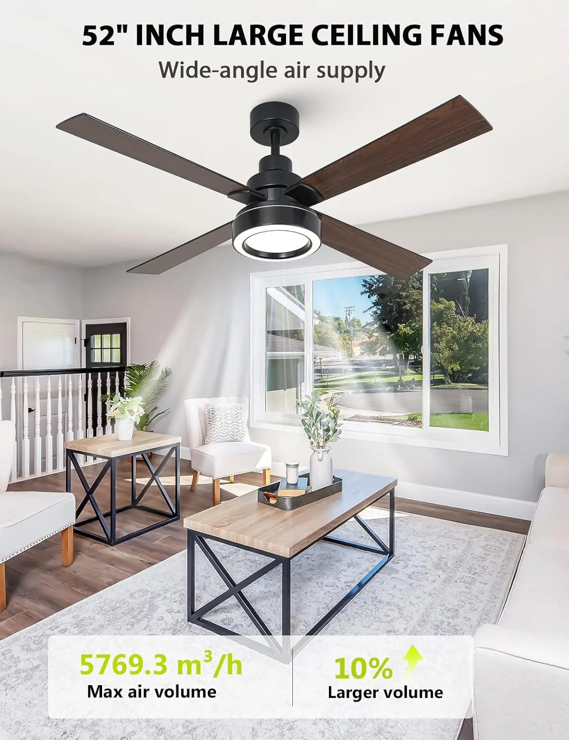 

52 Inch Black Ceiling Fan with Light and Remote, 3CCT Dimmable Ceiling Fans with Lights, Reversible Motor, Dual-Sided Blades