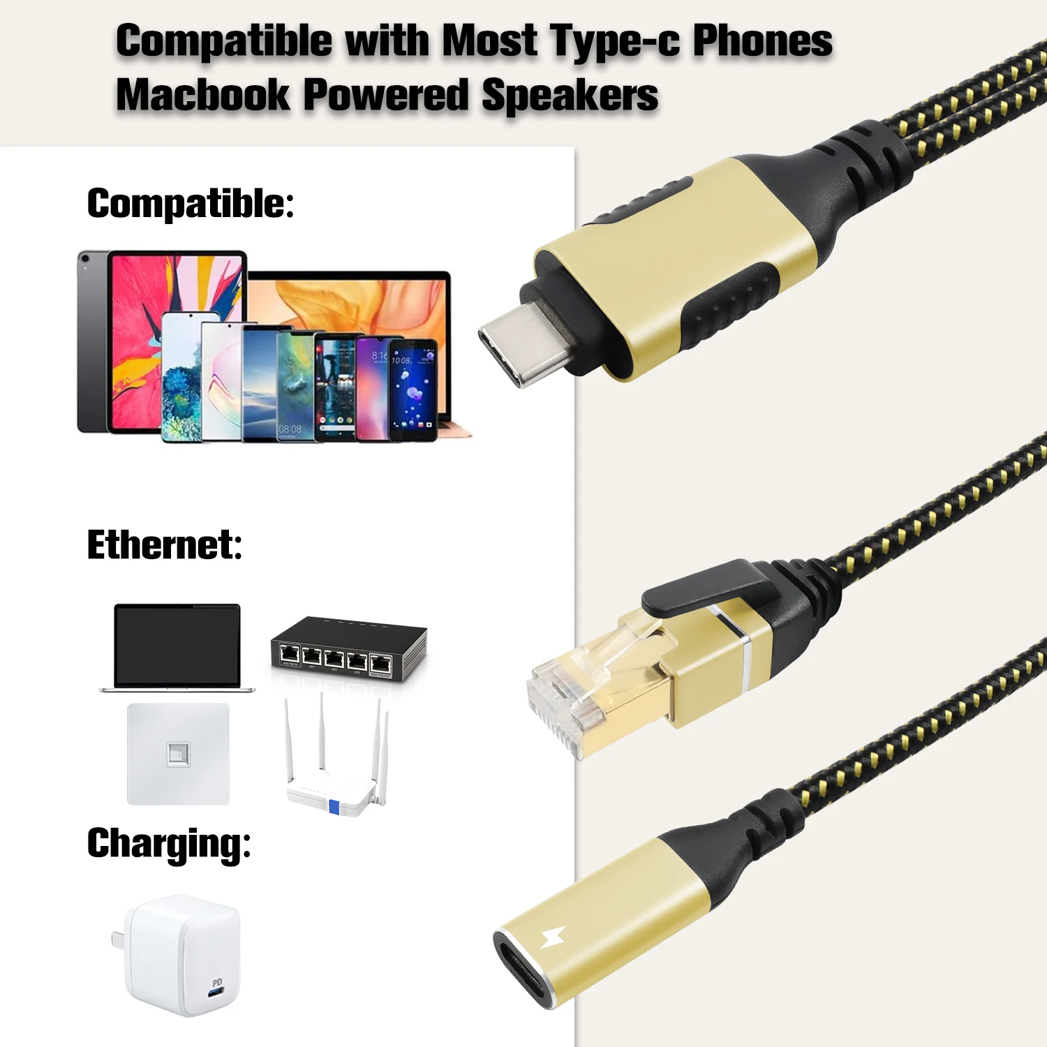 Super slim type C to RJ45 cable with USB-C Female 65W PD Fast Charging USB C to Ethernet cord thin cable for pc Lan iPhone 15