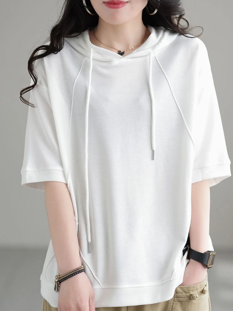 قميص نسائي صيفي فضفاض بغطاء للرأس من القطن، نصف كم بلون واحد، أسلوب عملي، طول خمسة أرباع