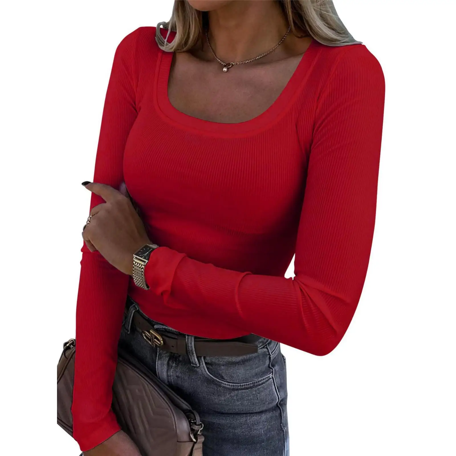 

Новинка 2024, облегающая футболка с длинным свеком и квадратным воротником, женская повседневная футболка Ro Sle Busin из смеси полиэстера и спандекса