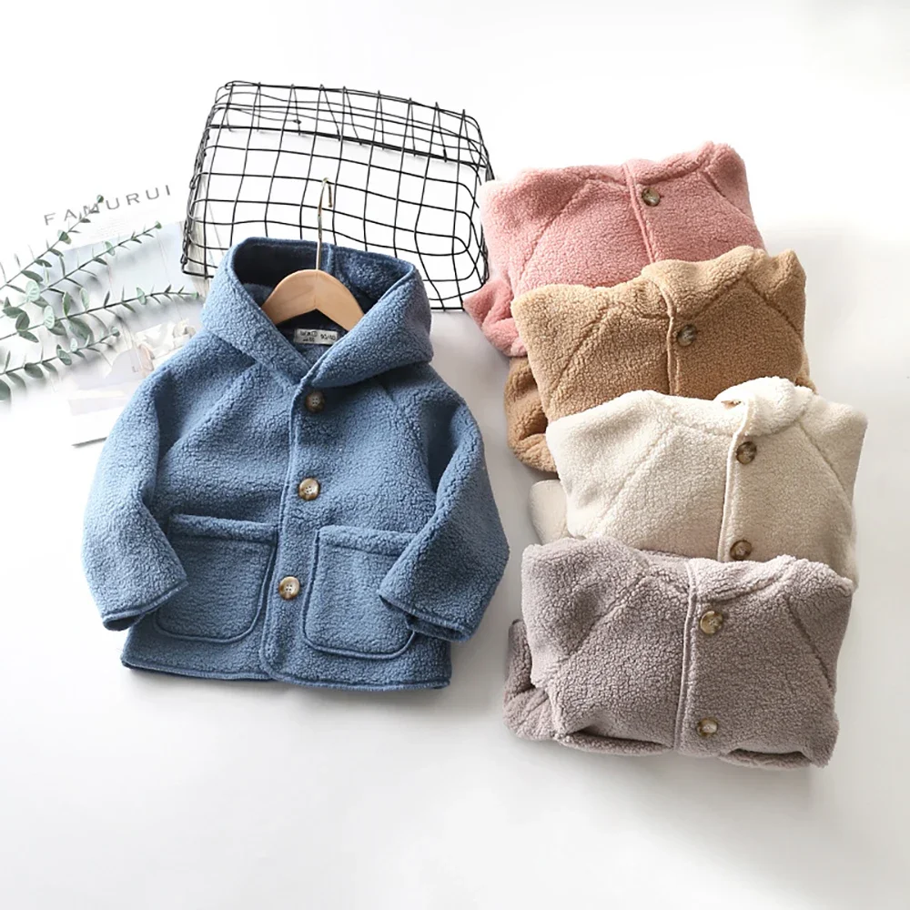 

Infant Kids Polar Fleece Hooded Coats Spring Autumn Warm Velvet Single-Breasted Jackets Girls Boys Outerwear Children Clothes